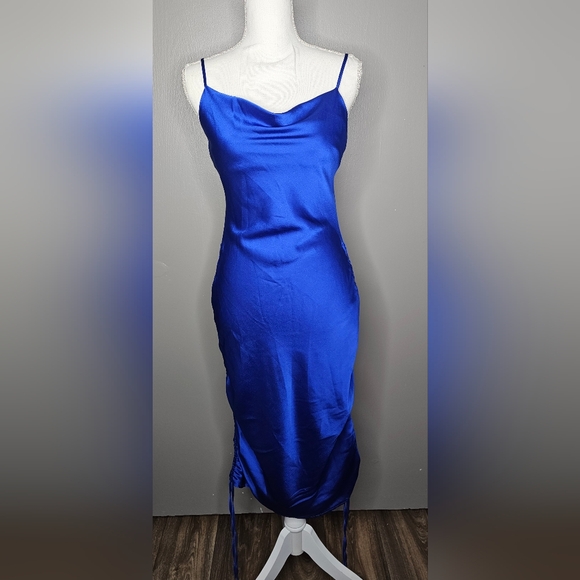 LULU'S Blue Cowl Neck Ruched Mini to Midi Satin Spaghetti Strap Dress. Small - Picture 2 of 11